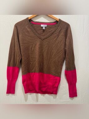 JC Penny Women Cashmere blend Women’s Brown & Pink V-Neck Colorblock Sweater M